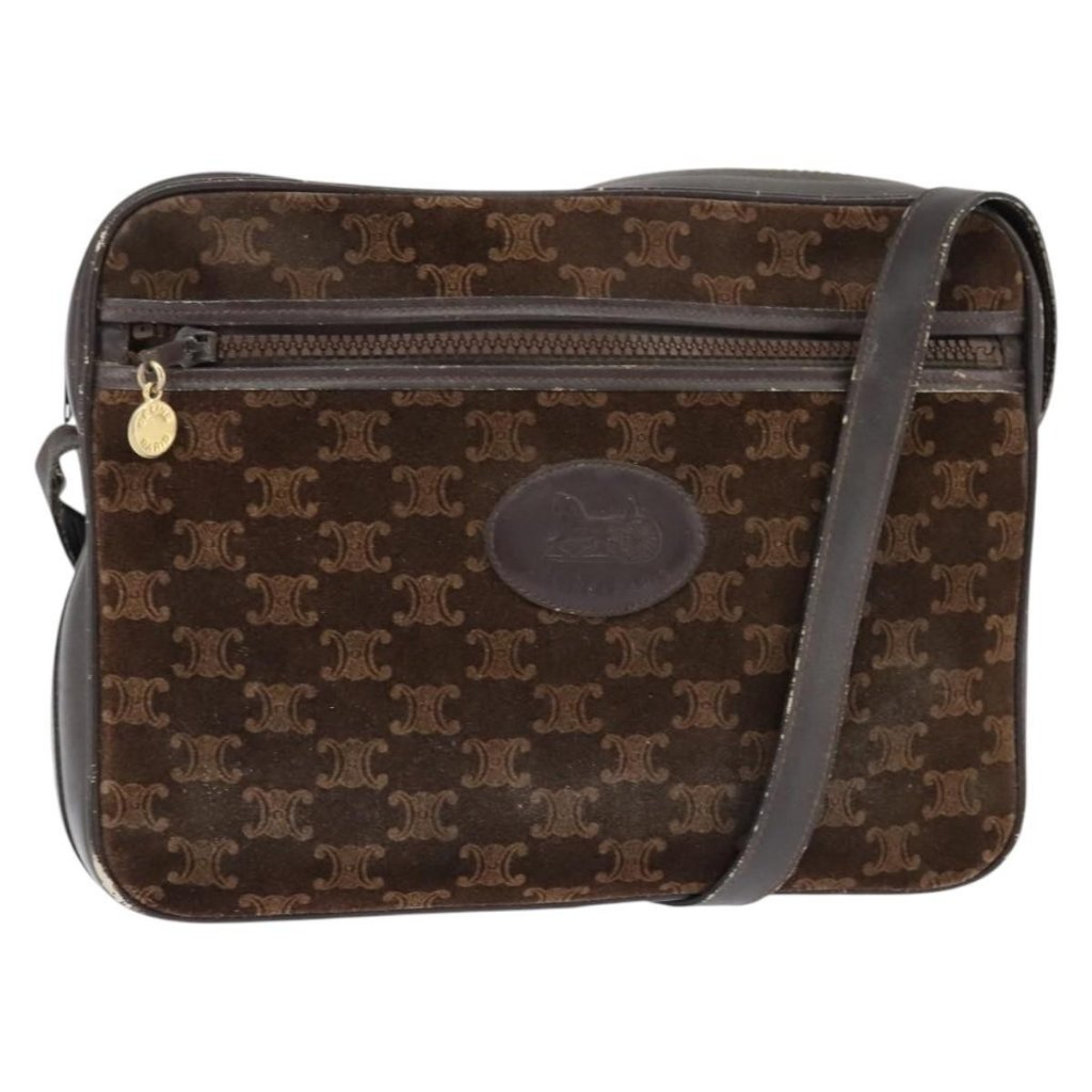 Authentic Celine Macadam Canvas Shoulder Bag Suede Brown Gold